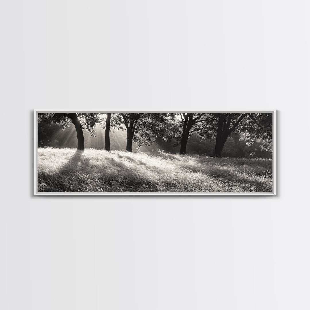 Sunrays Meadow, Tree Light, Golden Hour, Framed Canvas Print, Fall Living Room Art, Rustic Nature Decor, Warm Toned Landscape