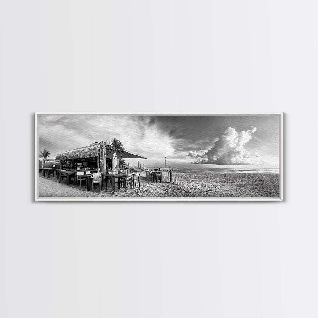 Seaside Bar, Beach Café, Oceanfront Dining, Cloudy Sky, Framed Canvas Print, Kitchen Wall Art, Black and White Tropical Art, Travel Decor