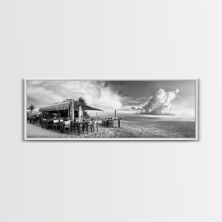 Seaside Bar, Beach Café, Oceanfront Dining, Cloudy Sky, Framed Canvas Print, Kitchen Wall Art, Black and White Tropical Art, Travel Decor