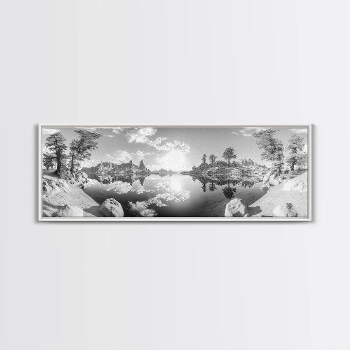 Mountain Reflections, Nature Panorama, Black and White Landscape, Framed Canvas Print, Living Room Wall Art, Modern Wilderness Decor