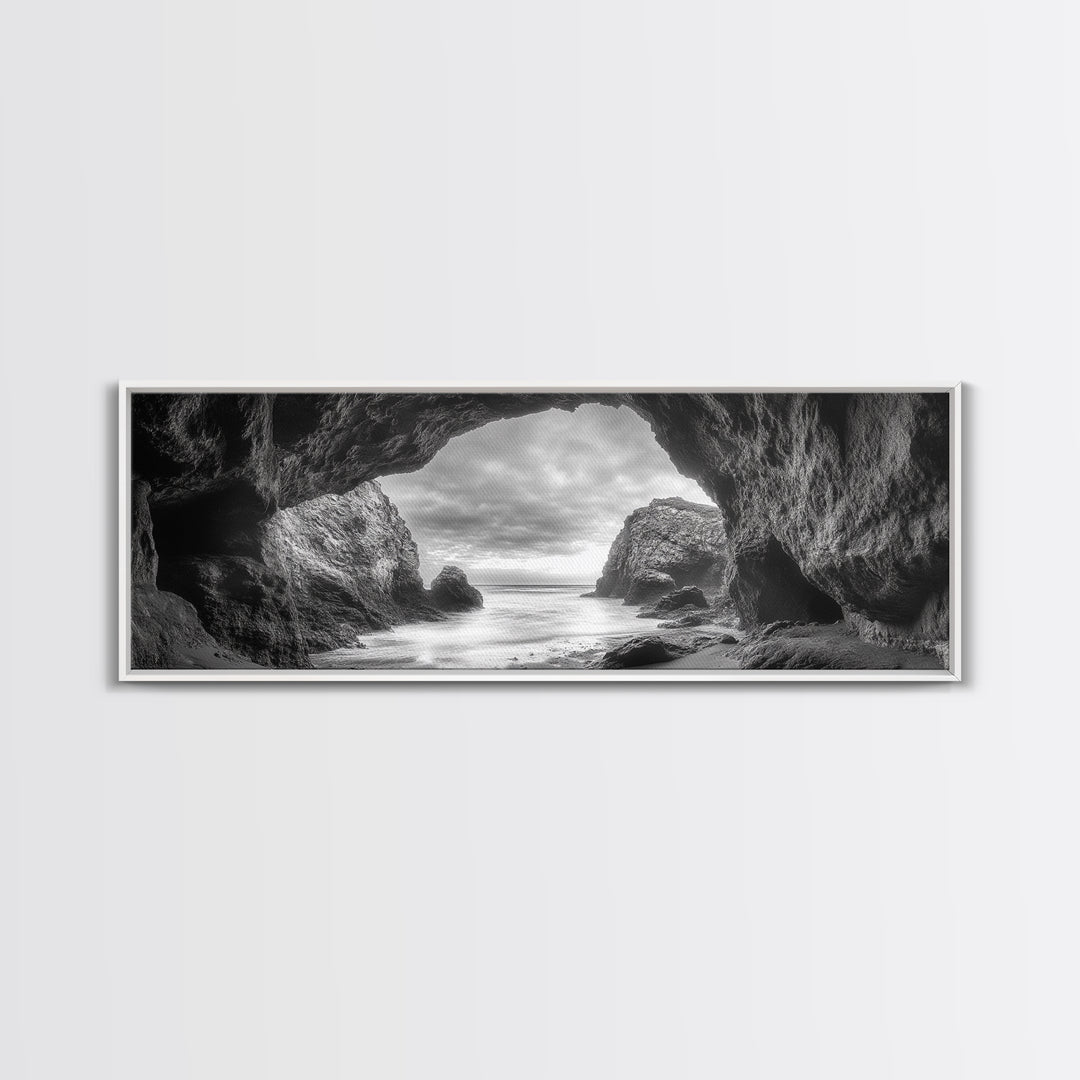 Sea Cave View, Coastal Rock Art, Monochrome Seascape, Framed Canvas Print, Bathroom Wall Art, Nature Photography, Moody Ocean Decor