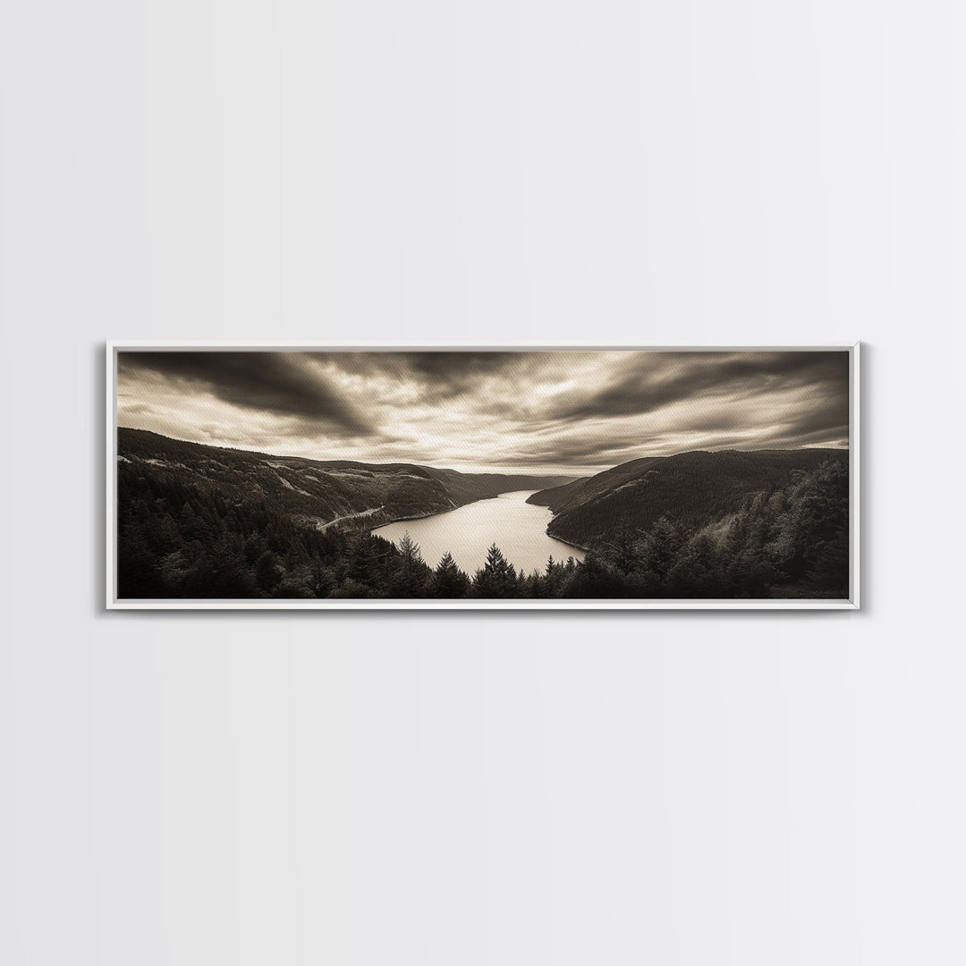 River Valley View, Dramatic Sky, Forest Landscape, Framed Canvas Print, Nature Photography, Entryway Wall Art, Moody Earth Tones