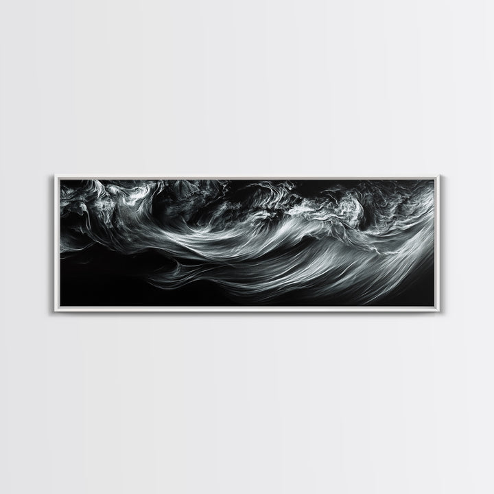 Abstract Ocean Waves, Motion Energy Art, Black and White Fluid Lines, Framed Canvas Print, Modern Wall Art, Minimalist Living Room