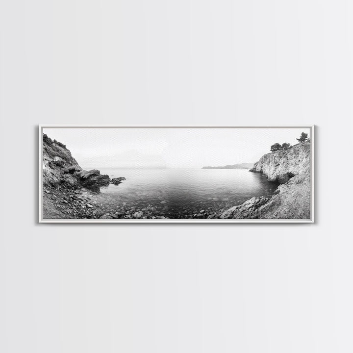 Rocky Coastline, Minimalist Seascape, Black and White Shoreline, Framed Canvas Print, Coastal Wall Art, Bathroom or Hallway Decor