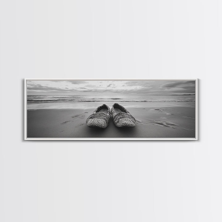 Woven Shoes, Coastal Walk, Ocean Breeze, Boho Style, Framed Canvas Print, Entryway Wall Art, Minimalist Beach Art, Seashore Photography