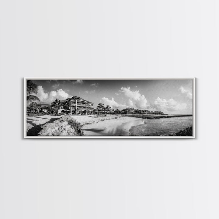 Beach Resort, Tropical Luxury, Oceanfront Hotel Art, Framed Canvas Print, Vacation Vibes, Bedroom Wall Art, Monochrome Decor