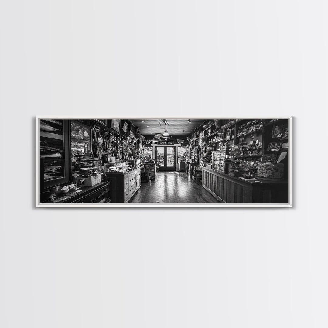 Vintage Shop, Curio Store, Rustic Nostalgia, Framed Canvas Print, Eclectic Wall Art, Bar Decor, Moody Retro Interior Accent
