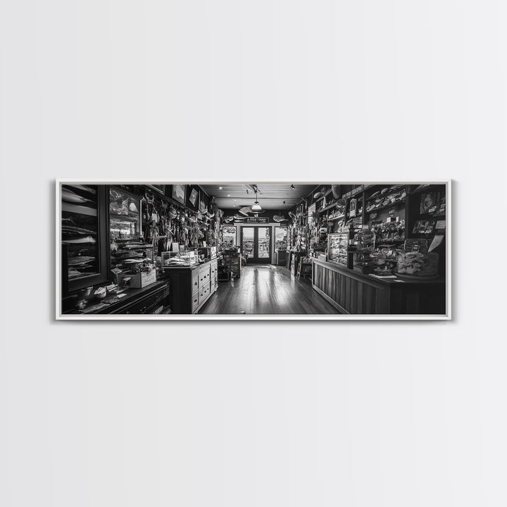 Vintage Shop, Curio Store, Rustic Nostalgia, Framed Canvas Print, Eclectic Wall Art, Bar Decor, Moody Retro Interior Accent