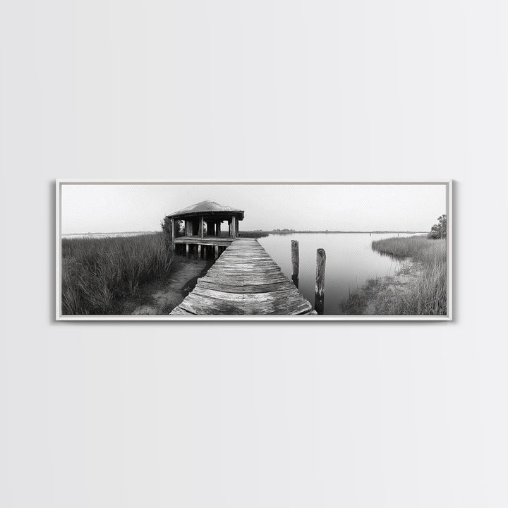 Abandoned Pier, Lakeside Shack, Black and White Marsh, Framed Canvas Print, Rustic Entryway Art, Minimalist Coastal Cabin Decor