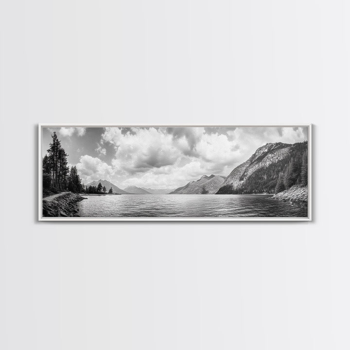 Mountain Lake, Forest Panorama, Serene Wilderness, Framed Canvas Print, Nature Lover Wall Art, Rustic Lodge Decor, Neutral Palette