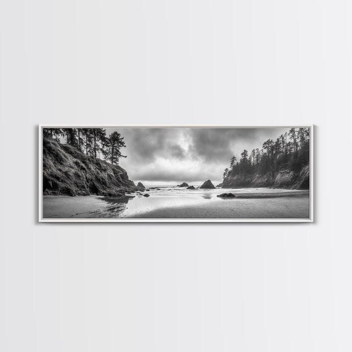 Misty Coastline, Dramatic Shore, Moody Ocean Scene, Framed Canvas Print, Coastal Living Room Art, Black and White Nature Decor