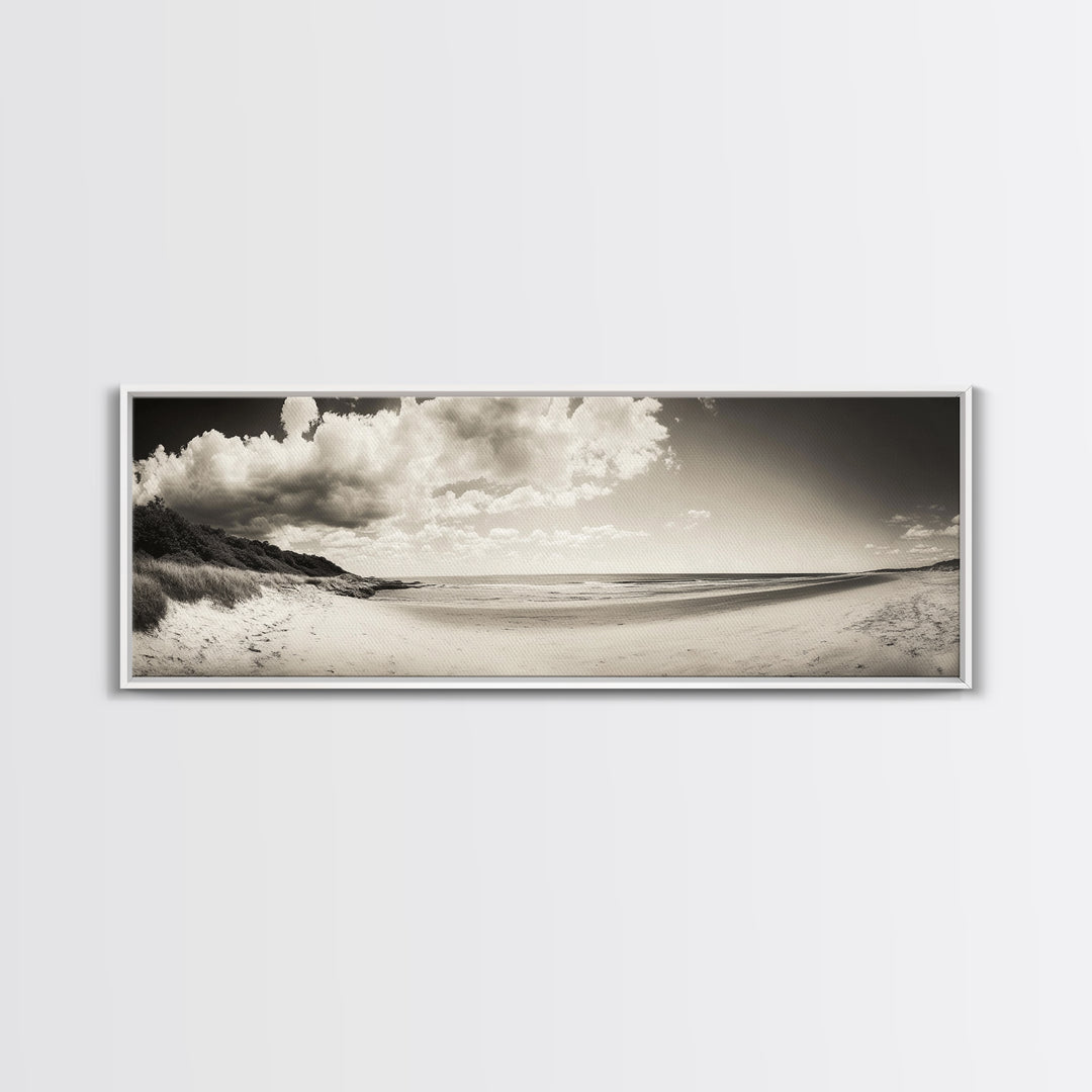 Cloudy Beach, Sandy Shoreline, Coastal Serenity, Framed Canvas Print, Neutral Tones Wall Art, Minimalist Bathroom or Hallway Decor