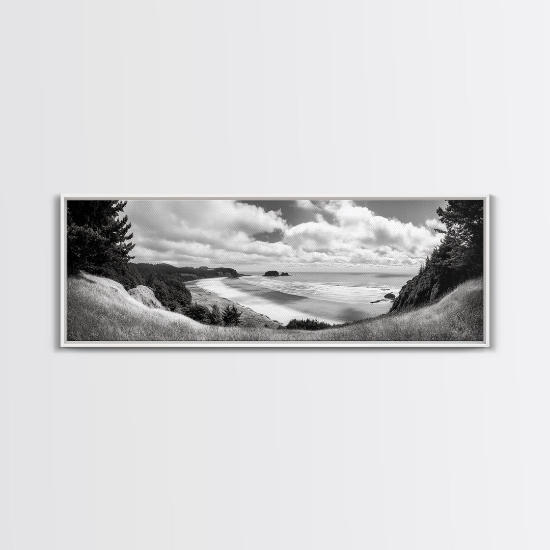 Ocean Bluff View, Seaside Hills, Coastal Forest Horizon, Framed Canvas Print, Nature Landscape Art, Living Room or Office Decor