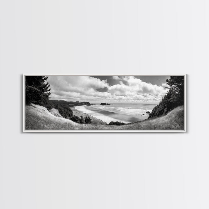 Ocean Bluff View, Seaside Hills, Coastal Forest Horizon, Framed Canvas Print, Nature Landscape Art, Living Room or Office Decor