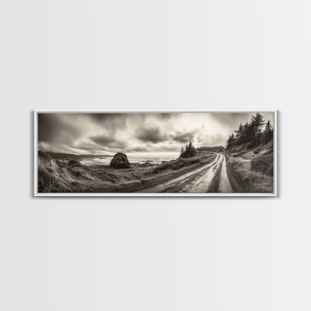 Coastal Road Journey, Overcast Ocean View, Scenic Drive Art, Framed Canvas Print, Fall Landscape Wall Art, Nature Lover, Living Room Decor