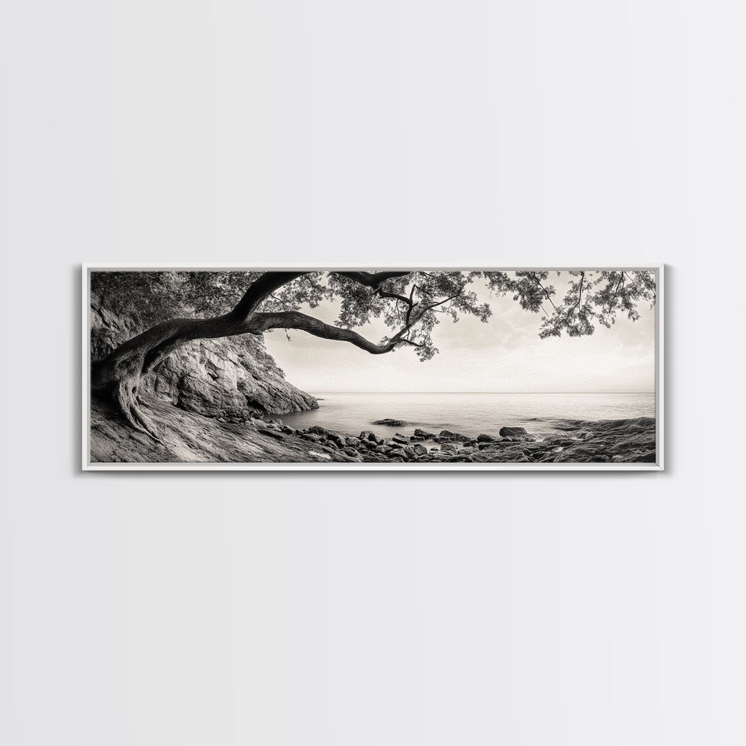 Tree By The Sea, Ocean Cliff, Black And White Nature, Framed Canvas Print, Coastal Wall Decor, Minimalist Art, Tranquil Bedroom Print