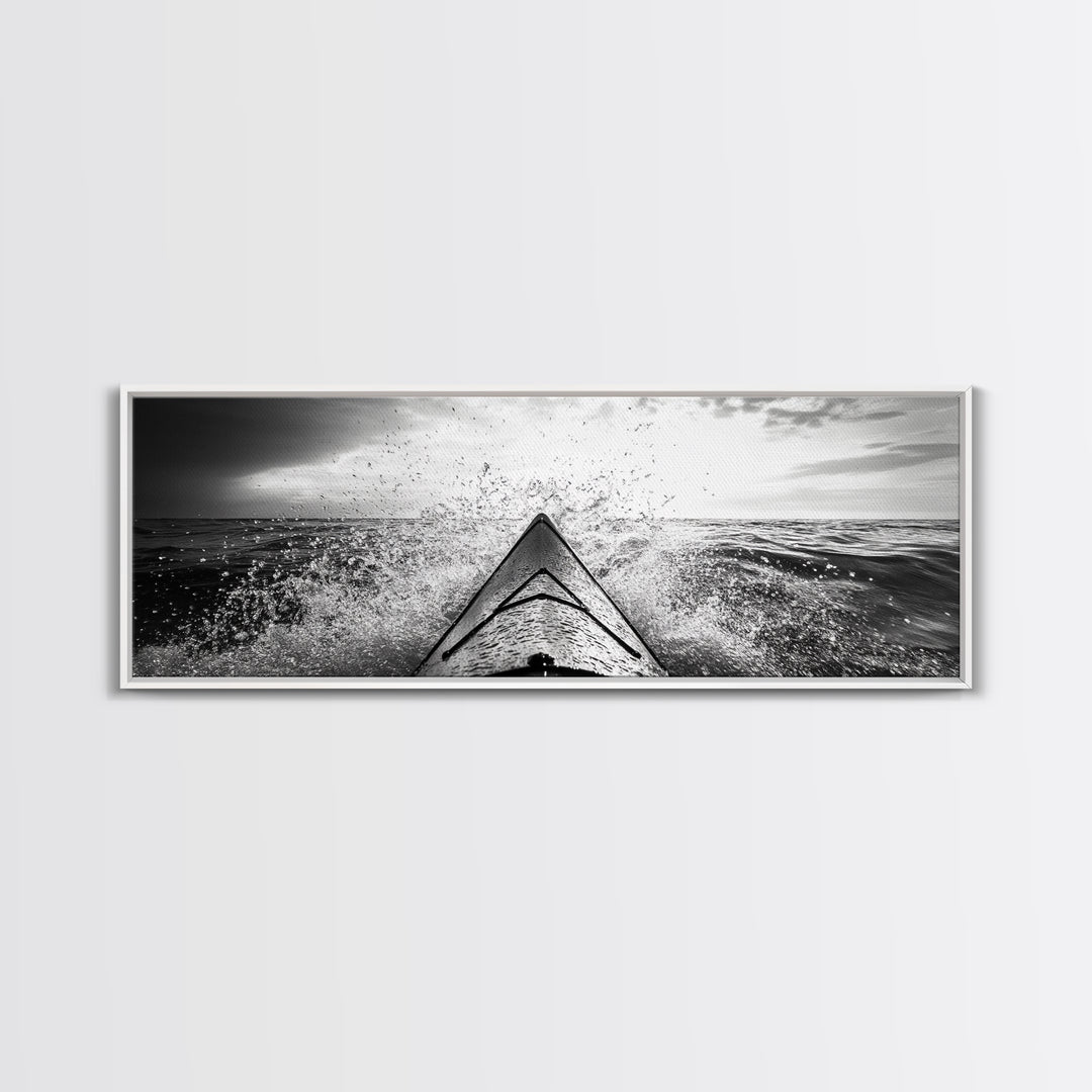 Ocean Kayak Splash, Adventure Wall Art, Ocean Motion, Black And White Canvas Print, Modern Decor, Nautical Style, Sports Lover Gift