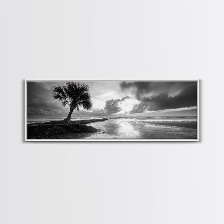 Solitary Palm Tree, Ocean Storm, Moody Landscape, Beach Wall Decor, Framed Canvas Print, Coastal Living Room Art, Monochrome Photography