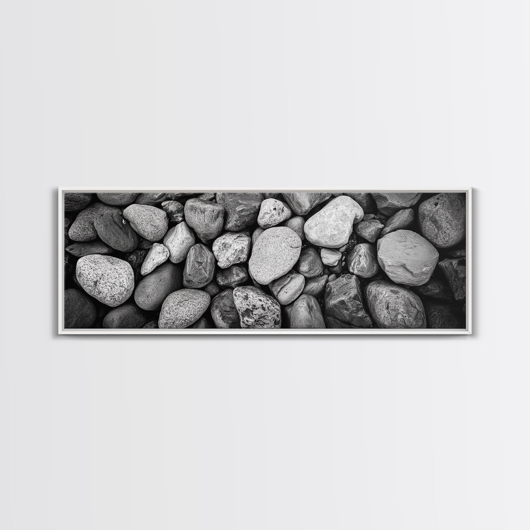Zen Stones, Nature Texture, River Rock Closeup, Minimalist Photography, Framed Canvas Print, Spa Bathroom Wall Art, Modern Black White