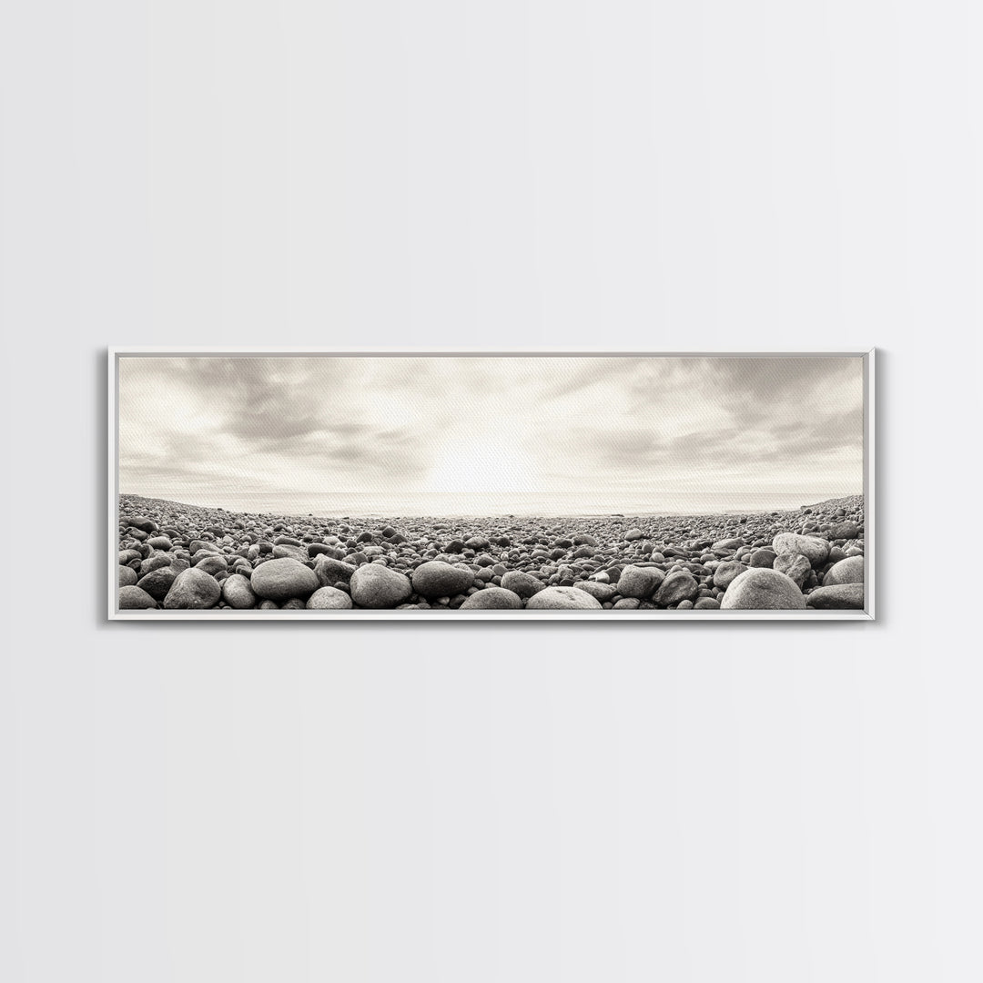 Pebble Shoreline, Soft Horizon, Beach Sunrise, Calm Coastal Decor, Framed Canvas Print, Neutral Tones, Bedroom Wall Art, Nature Minimalism