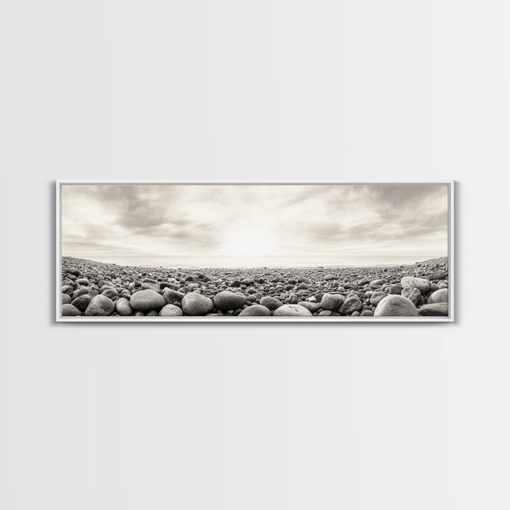 Pebble Shoreline, Soft Horizon, Beach Sunrise, Calm Coastal Decor, Framed Canvas Print, Neutral Tones, Bedroom Wall Art, Nature Minimalism