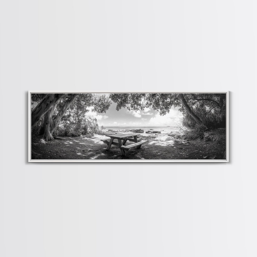 Secluded Picnic Spot, Ocean View, Tranquil Escape, Nature Sanctuary Art, Framed Canvas Print, Kitchen Wall Decor, Coastal Forest Vibe