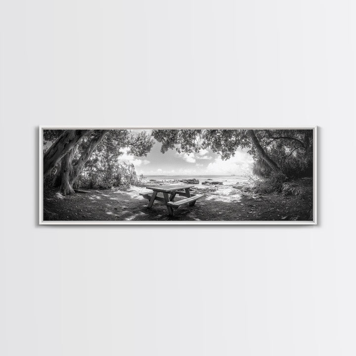 Secluded Picnic Spot, Ocean View, Tranquil Escape, Nature Sanctuary Art, Framed Canvas Print, Kitchen Wall Decor, Coastal Forest Vibe