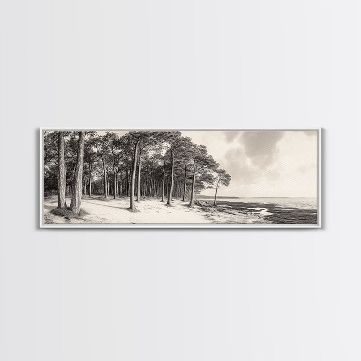 Pine Forest Coast, Tranquil Wilderness, Shoreline Trees, Earthy Coastal Scene, Framed Canvas Print, Rustic Wall Art, Autumn Cabin Decor