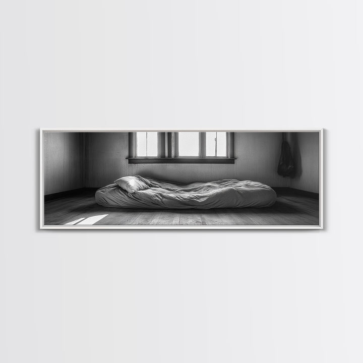 Minimalist Bedroom, Simple Living, Monochrome Bed, Peaceful Morning, Framed Canvas Print, Bedroom Wall Art, Moody Art, Farmhouse Art