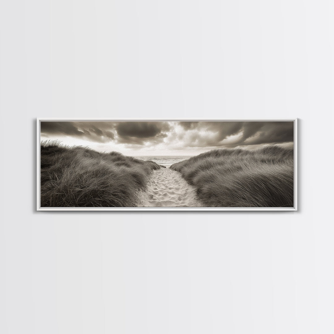 Sandy Dune Path, Grassy Trail, Seaside Journey, Beach Nature Scene, Framed Canvas Print, Minimalist Wall Art, Autumn Coastal Decor