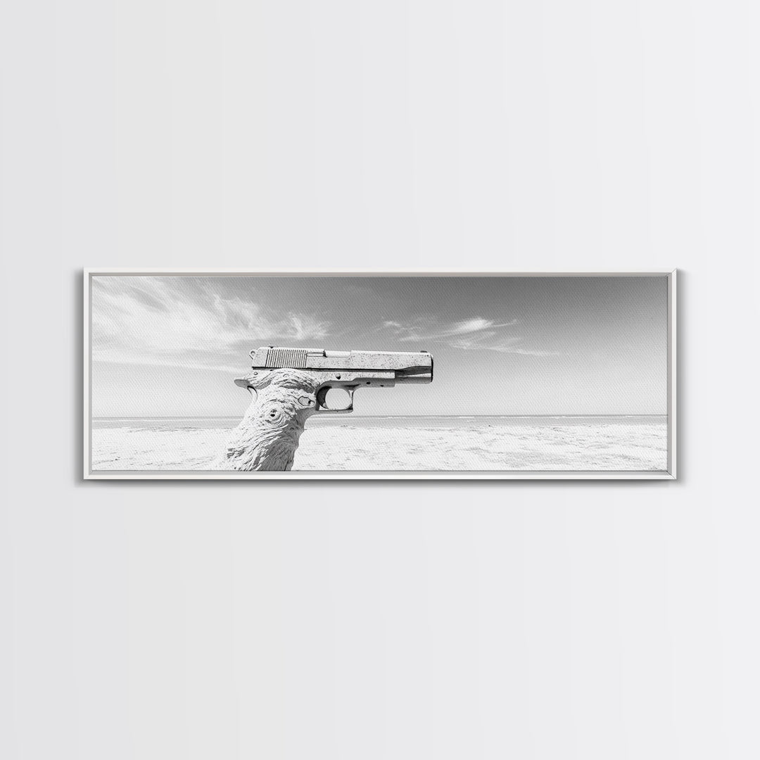 Desert Gun, Driftwood Grip, Coastal Surreal, Canvas Print, Minimalist Wall Art, Western Decor, Modern Living Room Art, Black and White Photo