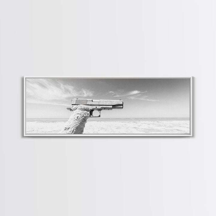Desert Gun, Driftwood Grip, Coastal Surreal, Canvas Print, Minimalist Wall Art, Western Decor, Modern Living Room Art, Black and White Photo