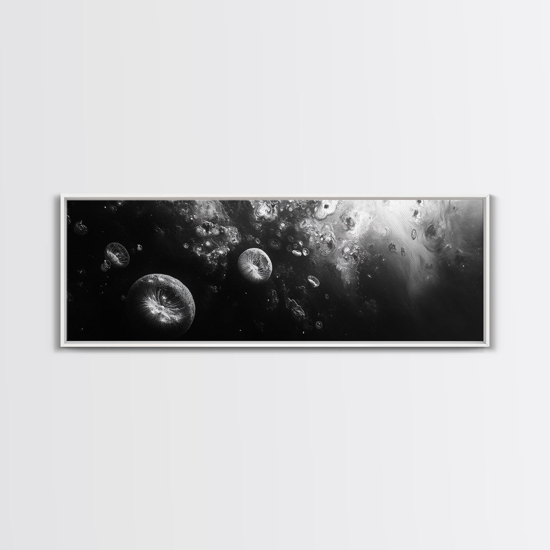 Jellyfish Dreams, Ocean Depths, Abstract Motion, Canvas Print, Coastal Bathroom Art, Nautical Theme, Moody Black and White Sea Life