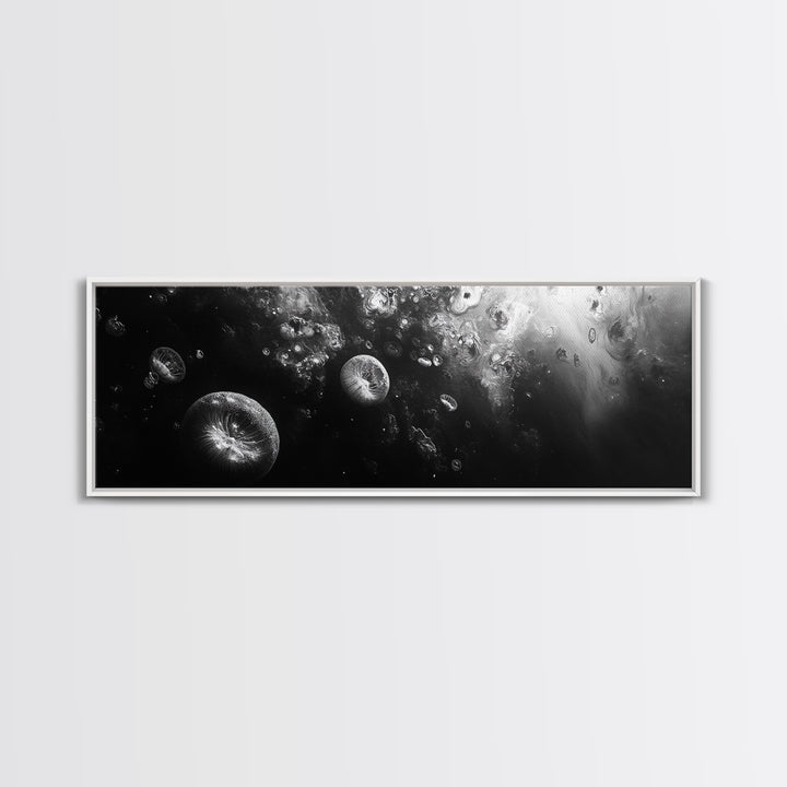 Jellyfish Dreams, Ocean Depths, Abstract Motion, Canvas Print, Coastal Bathroom Art, Nautical Theme, Moody Black and White Sea Life