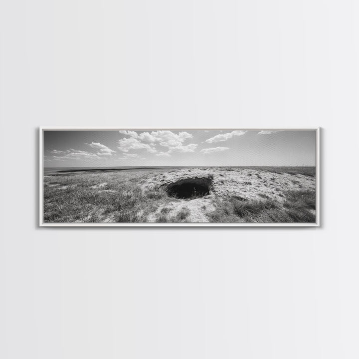 Prairie Cave, Windy Plains, Nature Escape, Canvas Print, Rustic Wall Art, Earthy Decor, Bedroom Accent, Black and White Landscape