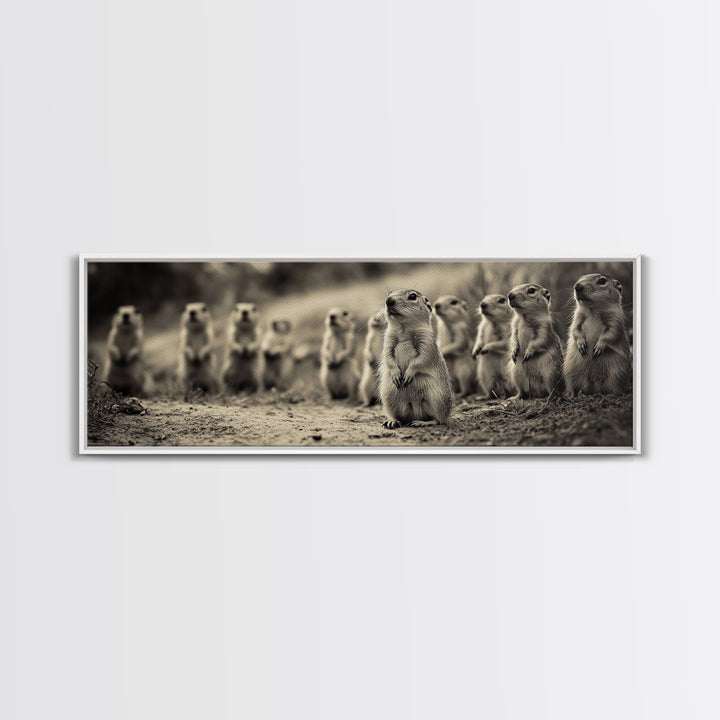 Prairie Dogs, Whimsical Critters, Nature Gathered, Canvas Print, Kids Room Art, Cute Animal Decor, Playful Black and White Art