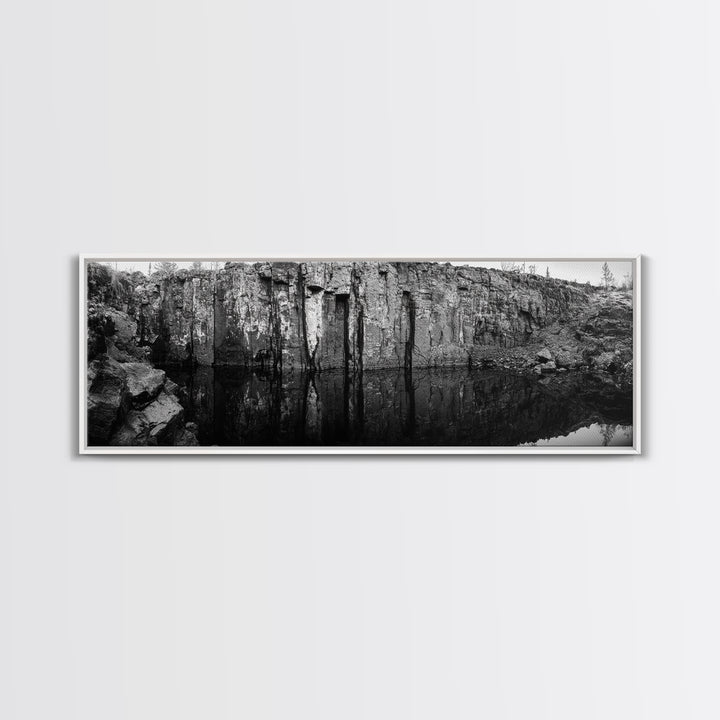 Quarry Wall, Rocky Cliff, Natural Reflection, Still Water, Framed Canvas Print, Industrial Wall Art, Man Cave Decor, Rustic Landscape Art