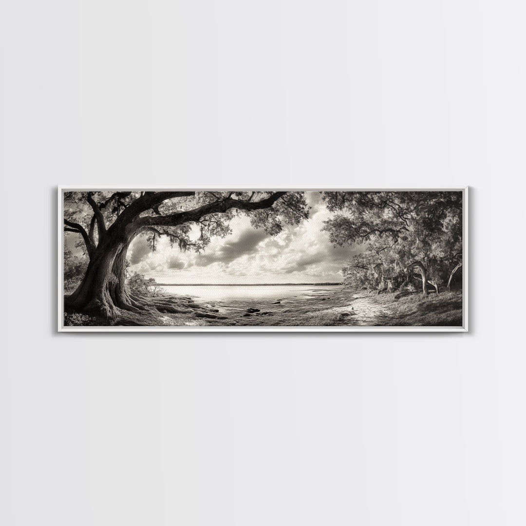 Ancient Tree, Spanish Moss, Forest Path, Framed Canvas Print, Rustic Nature Art, Living Room Wall Art, Earthy Tones, Woodland Photography