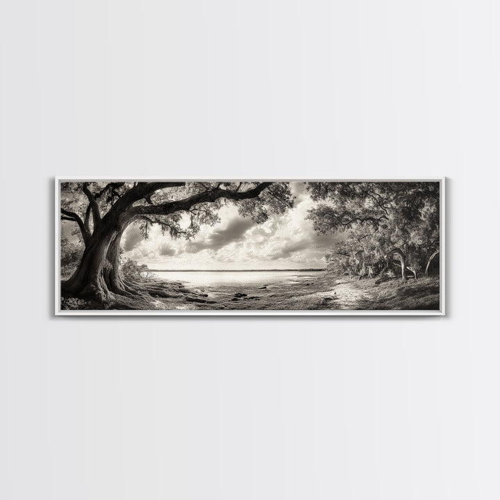 Ancient Tree, Spanish Moss, Forest Path, Framed Canvas Print, Rustic Nature Art, Living Room Wall Art, Earthy Tones, Woodland Photography