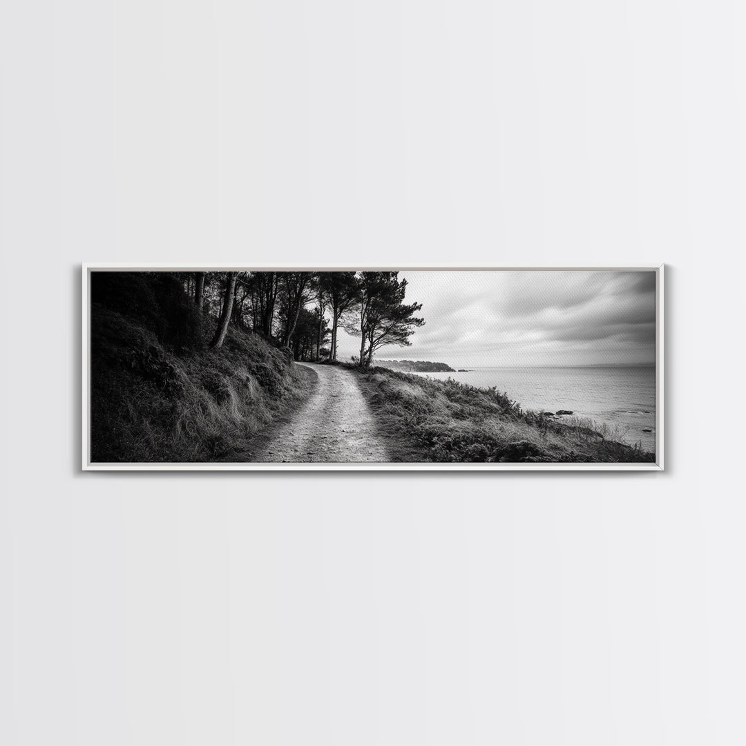 Coastal Trail, Forest Edge, Serene Path, Canvas Print, Black and White Nature Art, Entryway Wall Art, Tranquil Landscape, Moody Decor