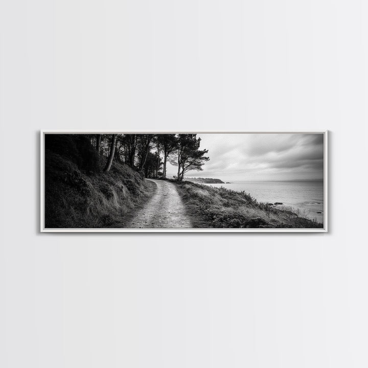Coastal Trail, Forest Edge, Serene Path, Canvas Print, Black and White Nature Art, Entryway Wall Art, Tranquil Landscape, Moody Decor