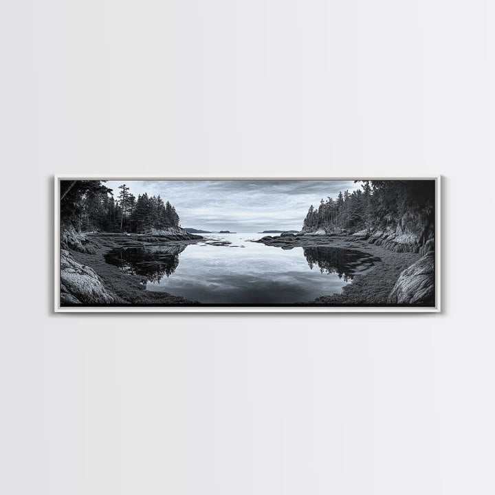 Forest Inlet, Calm Waters, Rocky Shore, Framed Canvas Print, Pacific Northwest Wall Art, Neutral Decor, Nature Photography, Rustic Vibes