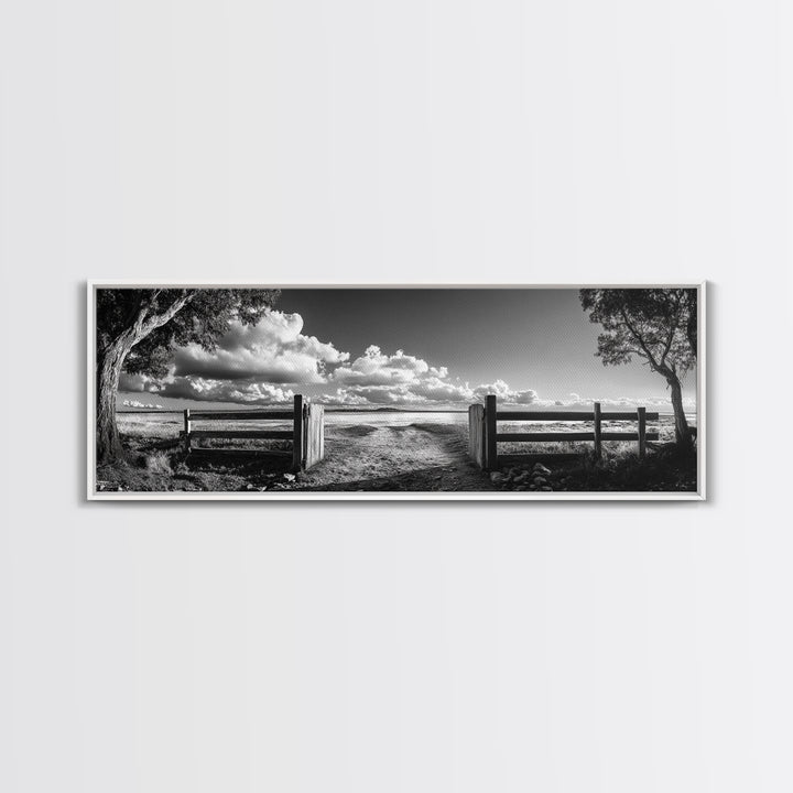 Wooden Fence, Open Field, Cloud Horizon, Framed Canvas Print, Country Landscape Photography, Entryway Wall Art, Farmhouse Autumn Decor