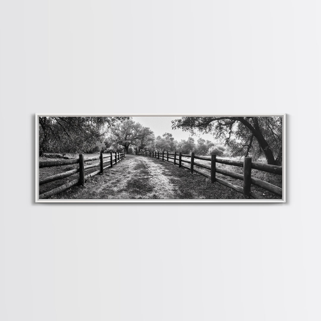 Tree Tunnel, Country Path, Fence Shadows, Framed Canvas Print, Black and White Nature Art, Rustic Wall Art, Autumn Entryway Decor