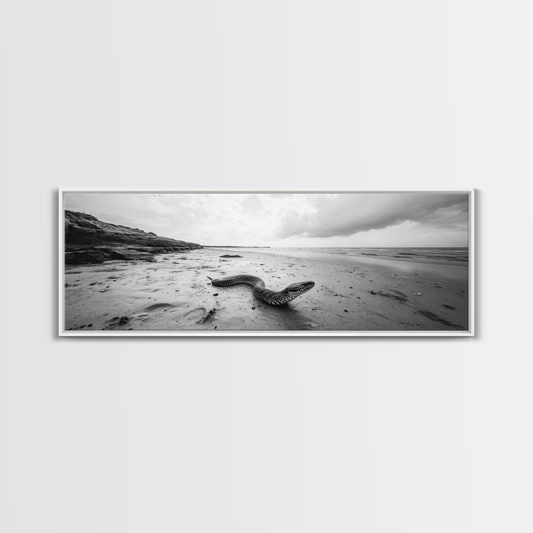 Snake On Beach, Coastal Wildlife, Dramatic Black and White, Framed Canvas Print, Nature Wall Art, Minimalist Decor, Office Statement Art