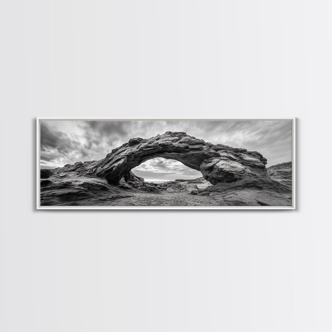 Rock Arch Landscape, Desert Formations, Dramatic Sky, Framed Canvas Print, Living Room Wall Art, Nature Inspired Decor, Monochrome Vibe