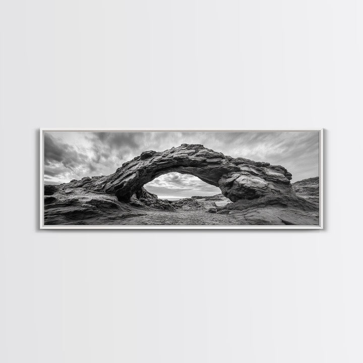 Rock Arch Landscape, Desert Formations, Dramatic Sky, Framed Canvas Print, Living Room Wall Art, Nature Inspired Decor, Monochrome Vibe