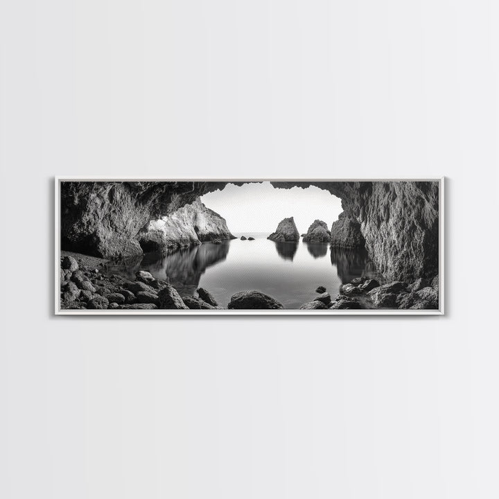 Sea Cave View, Ocean Reflections, Nature Escape, Framed Canvas Print, Beach House Wall Art, Zen Decor, Black and White Coastal Style