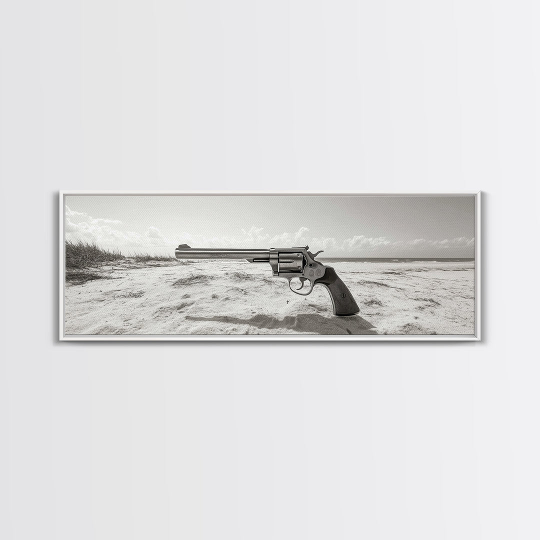 Revolver On Beach, Western Vibes, Americana Style, Framed Canvas Print, Man Cave Wall Art, Bold Statement Decor, Coastal Contrast