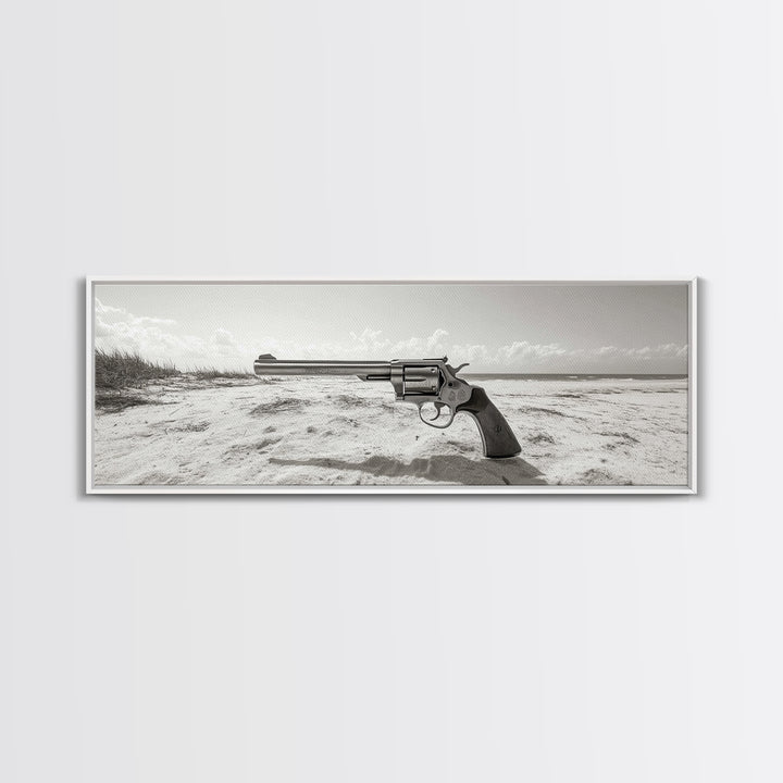 Revolver On Beach, Western Vibes, Americana Style, Framed Canvas Print, Man Cave Wall Art, Bold Statement Decor, Coastal Contrast